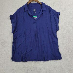 NEW Gap Womens XL Navy Collared Short Sleeve Blouse Rayon & Lyocell Loose Fit